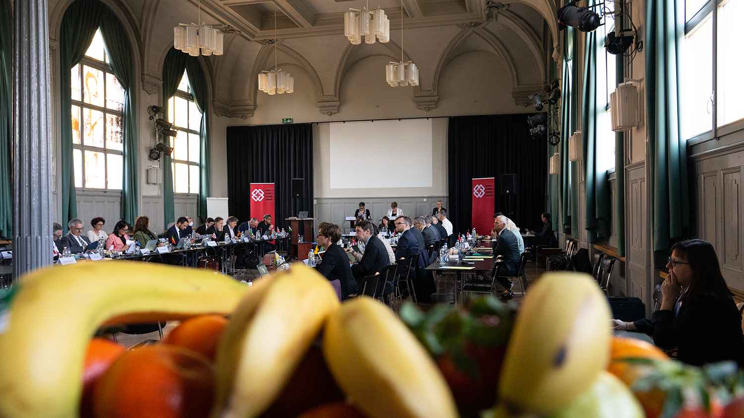 Photo de l'assemblée plénière avec des fruits en arrière-plan