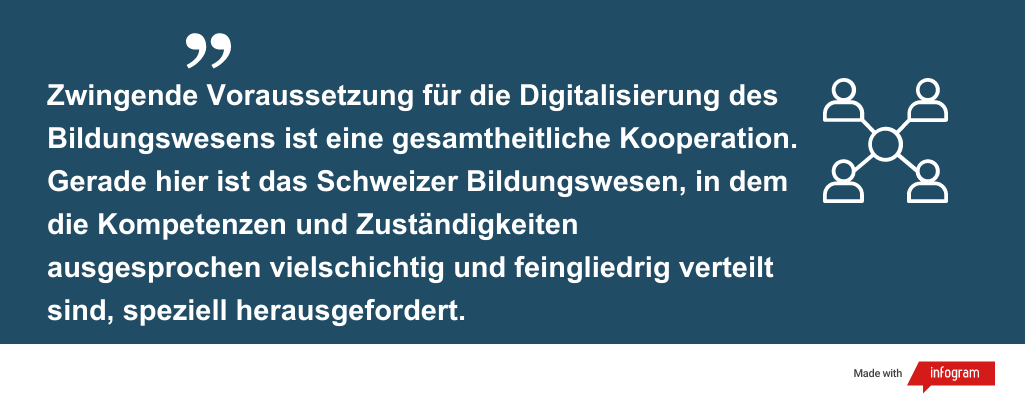 Zitat "Zwingende Voraussetzung für die Digitalisierung des Bildungswesens ist eine gesamtheitliche Kooperation. Gerade hier ist das Schweizer Bildungswesen, in dem die Kompetenzen und Zuständigkeiten ausgesprochen vielschichtig und feingliedrig verteilt sind, speziell herausgefordert."