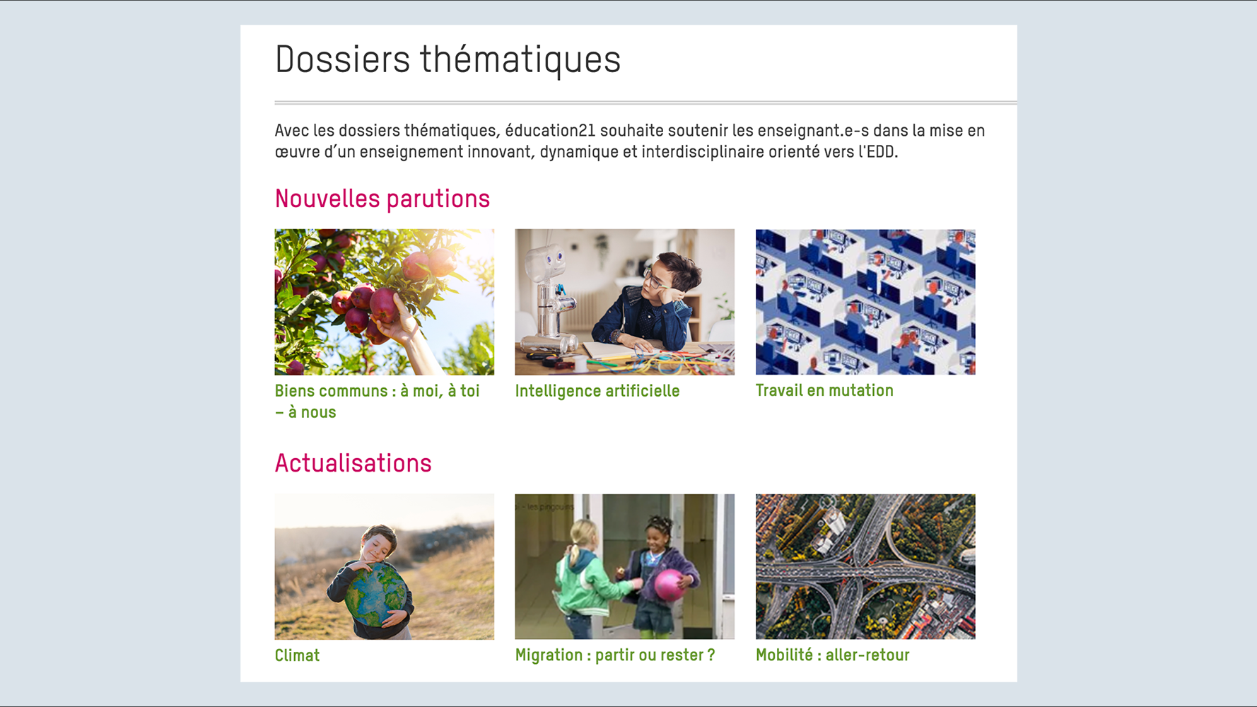 Capture d'écran des dossiers thématiques sur le site d'éducation21