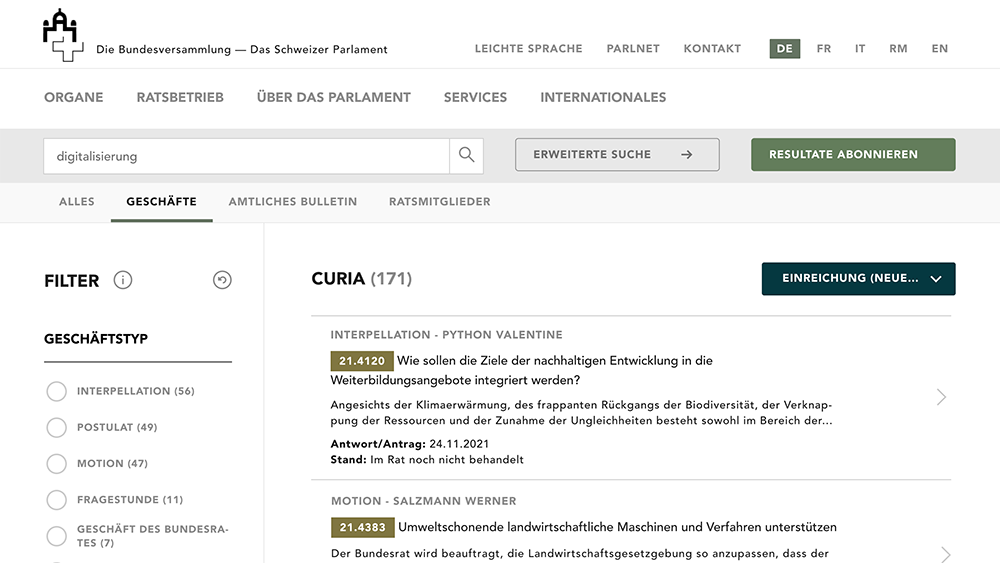 Screenshot der Website parlament.ch mit Vorstössen zum Thema Digitalisierung
